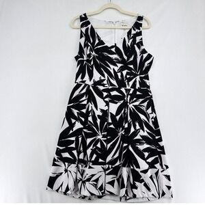 Ashley Graham Beyond Black White Leaf Print Floral Fit Flare Dress Size 12 Mod